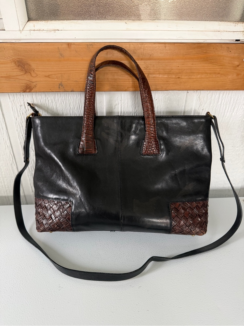 Vintage Brahmin Tuscan Era Black Brown Leather Tote Shoulder Crossbody Bag